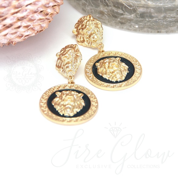 Black and Gold Tone Framed Lion Earrings - Picture 8 of 9